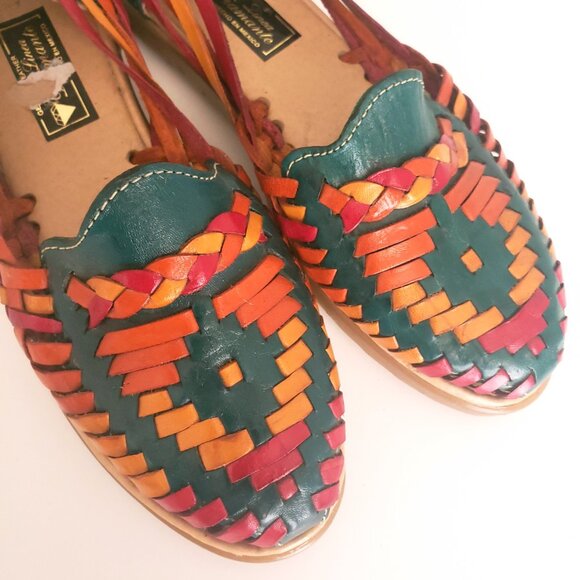 Linea Diamante Huaraches Green Colorful Leather Unisex Sandals Made in Mexico - Picture 2 of 13